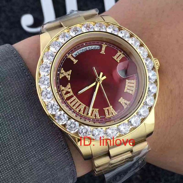 41mm luxury brand 18k gold pre ident day date big watch men tainle diamond dial diamond bezel automatic wri twatch aaa watche 
41mm luxury brand 18k gold pre ident day date big watch men tainle diamond dial diamond bezel automatic wri twatch aaa watche