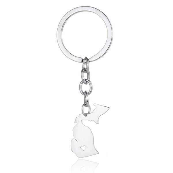 Michigan Map Keychains Minnesota Montana Map Key Rings Stainless Steel with Love Heart USA State Map Key Chain Silver Wholesale