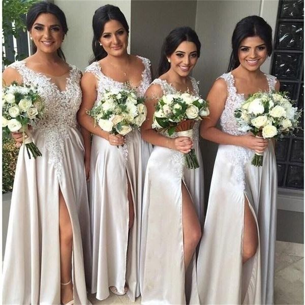 ivory applique lace bridesmaid dresses with sheer neck side split long floor length vestidos de festa custom made evening gowns, White;pink
ivory applique lace bridesmaid dresses with sheer neck side split long floor length vestidos de festa custom made evening gowns, White;pink