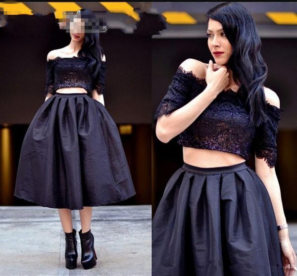 short black prom dresses 2 pieces off shoulder half sleeve lace satin skirt tea length party dress custom size
short black prom dresses 2 pieces off shoulder half sleeve lace satin skirt tea length party dress custom size