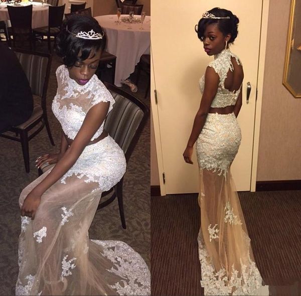 two pieces see through prom dresses 2020 cap sleeves open back mermaid evening dress applique lace formal party gowns custom made, Black
two pieces see through prom dresses 2020 cap sleeves open back mermaid evening dress applique lace formal party gowns custom made, Black