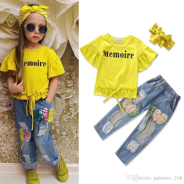 ins new styles summer children's suits pure cotton short sleeves lotus leaf t shirt +jeans with holes in sequins+headband three sets gi, White
ins new styles summer children's suits pure cotton short sleeves lotus leaf t shirt +jeans with holes in sequins+headband three sets gi, White