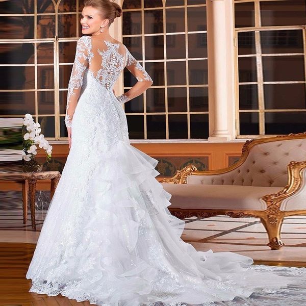 2019 Elegant Cascading Ruffles Wedding Dresses Vintage Mermaid Long Sleeves Lace Appliques Bridal Dresses Custom Made vestidos de noiva
2019 Elegant Cascading Ruffles Wedding Dresses Vintage Mermaid Long Sleeves Lace Appliques Bridal Dresses Custom Made vestidos de noiva