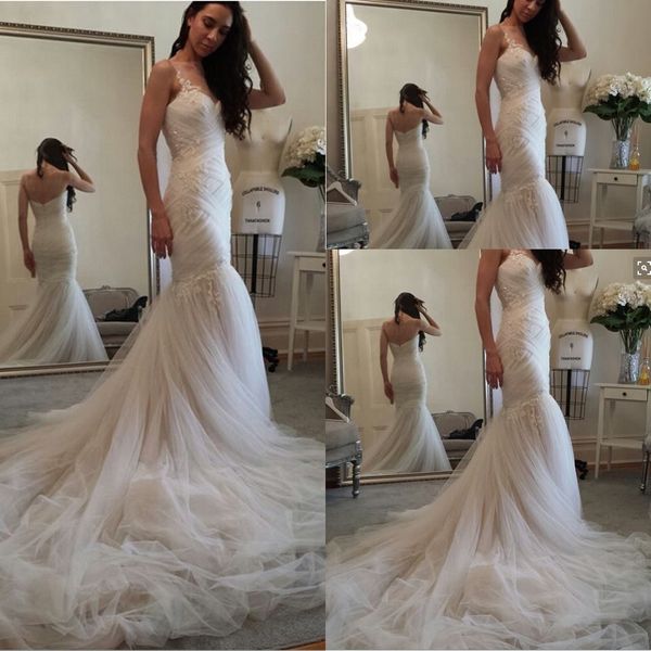 romantic paolo wedding dresses pleated tulle chapel train backless bridal dresses appliques mermaid spaghetti straps 2016 wedding gowns, White
romantic paolo wedding dresses pleated tulle chapel train backless bridal dresses appliques mermaid spaghetti straps 2016 wedding gowns, White