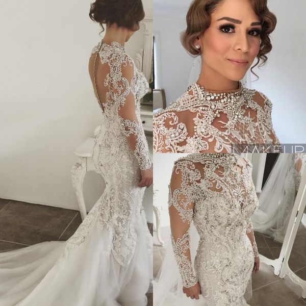 2018 new luxury long sleeve mermaid wedding dresses high neck lace applique crystal saudi arabic bridal gowns court train custom, White
2018 new luxury long sleeve mermaid wedding dresses high neck lace applique crystal saudi arabic bridal gowns court train custom, White