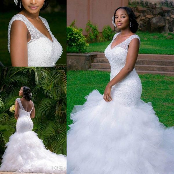 2020 african bling mermaid wedding dresses v neck crystal beaded ruffles tiered skirt open back court train plus size bridal gowns, White
2020 african bling mermaid wedding dresses v neck crystal beaded ruffles tiered skirt open back court train plus size bridal gowns, White