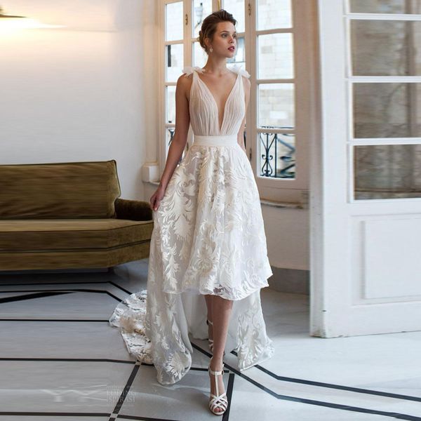 high low a-line wedding dresses lace v-neck bridal gown plus size vestido de noiva, White
high low a-line wedding dresses lace v-neck bridal gown plus size vestido de noiva, White