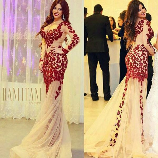 2021 champagne tulle sheer long sleeve v neck red lace applique elie saab mermaid prom dresses party evening dresses, Black
2021 champagne tulle sheer long sleeve v neck red lace applique elie saab mermaid prom dresses party evening dresses, Black