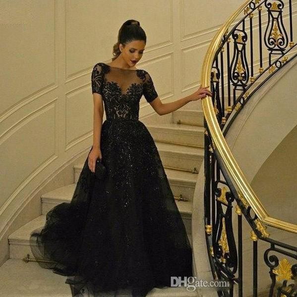 short sleeves black elie saab evening dresses beaded rhinestones full length ruched tulle dresses evening wear lace appliqued vestideos, Black;red
short sleeves black elie saab evening dresses beaded rhinestones full length ruched tulle dresses evening wear lace appliqued vestideos, Black;red