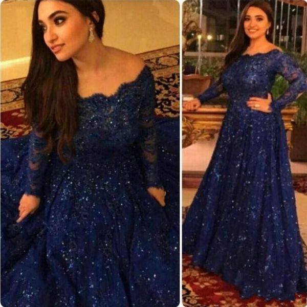 

Plus Size Navy Blue Arabic Evening Dresses 2018 Long Sleeve Off Shoulder Sweep Train Full Lace Illusion Bodice Long Prom Party Gowns