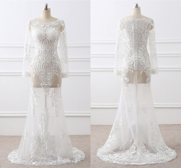 lace embroidered mermaid wedding gown with illusion long sleeves sheer neck see through tulle sweep train real p bridal wedding dresses, White
lace embroidered mermaid wedding gown with illusion long sleeves sheer neck see through tulle sweep train real p bridal wedding dresses, White