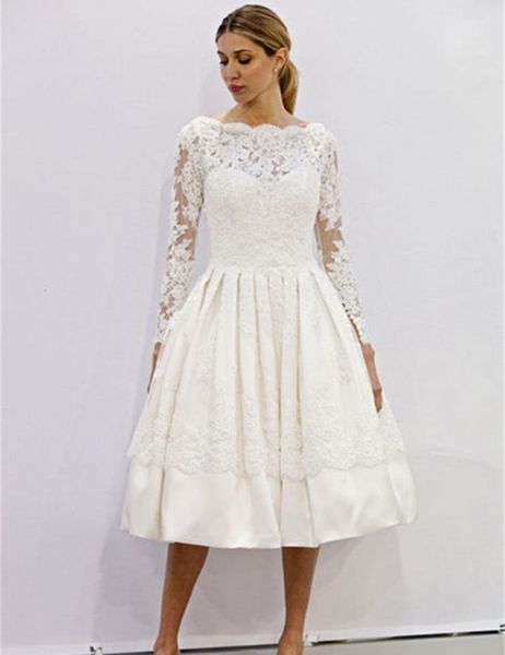 2019 vintage design long sleeve tea length wedding dresses bateau neck lace satina line short bridal gowns custom size, White
2019 vintage design long sleeve tea length wedding dresses bateau neck lace satina line short bridal gowns custom size, White