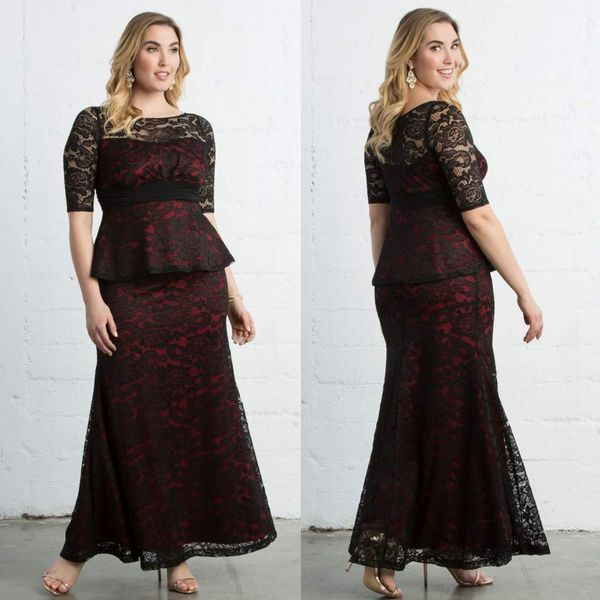 charming plus size lace evening dresses with half sleeves sheer bateau neck peplum evening gowns mermaid ankle length long formal dress, Black
charming plus size lace evening dresses with half sleeves sheer bateau neck peplum evening gowns mermaid ankle length long formal dress, Black