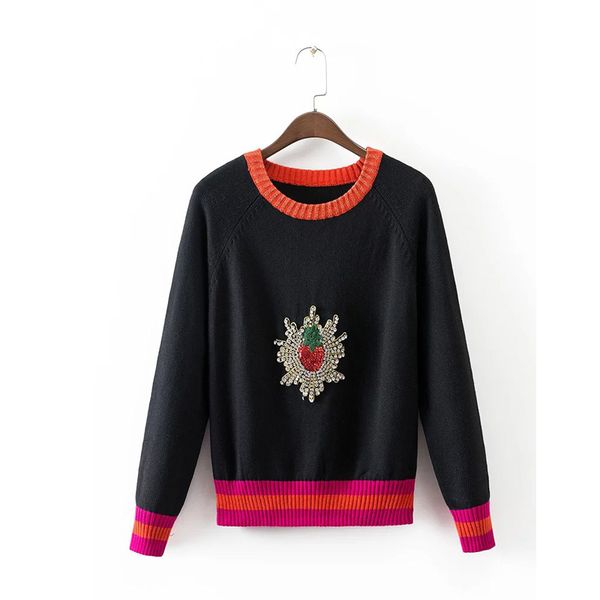 wholesale-2016 strawberry women casual sweater embroidered beaded diamond, White;black
wholesale-2016 strawberry women casual sweater embroidered beaded diamond, White;black