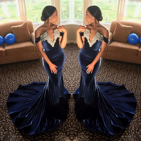 navy blue mermaid prom dresses off the shoulder deep v neck evening gowns white lace appliques sweep train women formal party dress, Black
navy blue mermaid prom dresses off the shoulder deep v neck evening gowns white lace appliques sweep train women formal party dress, Black