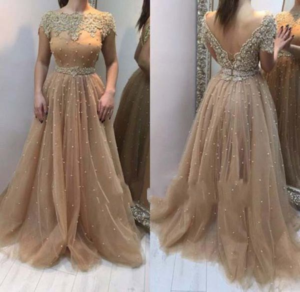 champagne full beads cap sleeves prom dresses 2017 lace applique backless tulle a line evening gowns floor length formal party dresses, Black
champagne full beads cap sleeves prom dresses 2017 lace applique backless tulle a line evening gowns floor length formal party dresses, Black
