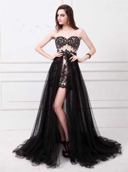 Sweetheart Appliques Removable Skirt Prom Dresses 2019 Elegant two Pieces Long Black Tulle Women Evening Party Dresses Custom Made Cheap
Sweetheart Appliques Removable Skirt Prom Dresses 2019 Elegant two Pieces Long Black Tulle Women Evening Party Dresses Custom Made Cheap
