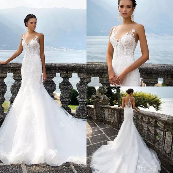 2020new mermaid wedding dresses sheer neck lace appliques court train see through back tulle plus size bridal dresses, White
2020new mermaid wedding dresses sheer neck lace appliques court train see through back tulle plus size bridal dresses, White