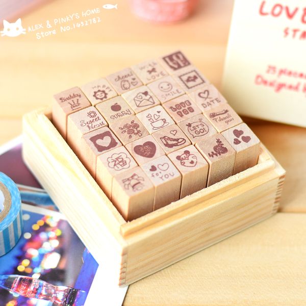 Wholesale-diy Diary Craft Stamp Decorative Scrapbooking Wood Stamp 25pcs/set Love / Happy Life Two Styles Wooden Rubber Stamp Tinta Sellos