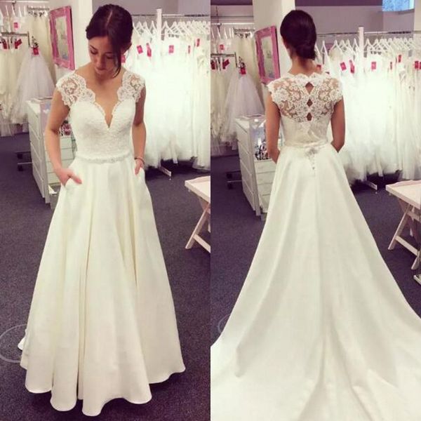 2017 modest lace satin skirt wedding dresses elegant v neck beaded sash with pockets bridal gowns custom made china en8224, White
2017 modest lace satin skirt wedding dresses elegant v neck beaded sash with pockets bridal gowns custom made china en8224, White