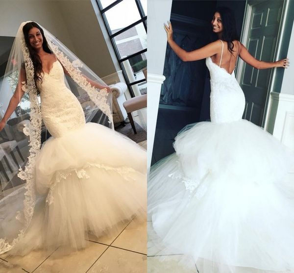 romantic lace spaghetti beach wedding dresses 2017 spring summer mermaid tulle ruched sweep train bridal gowns open backless wedding gowns, White
romantic lace spaghetti beach wedding dresses 2017 spring summer mermaid tulle ruched sweep train bridal gowns open backless wedding gowns, White