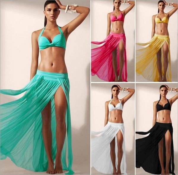 Summer Sheer Chiffon Womens High Waist Pleated Split Sexy Party White Long Skirt Ladies Casual Beach Cover Up Maxi Skirts saia faldas