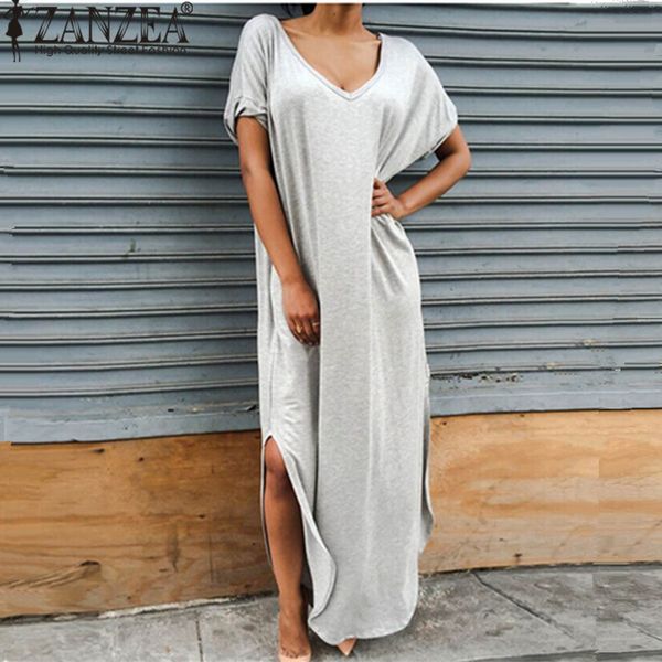 wholesale- zanzea vestidos 2017 summer women split maxi dress lady casual v neck short sleeve t-shirt long beach dresses plus size, White;black 
wholesale- zanzea vestidos 2017 summer women split maxi dress lady casual v neck short sleeve t-shirt long beach dresses plus size, White;black