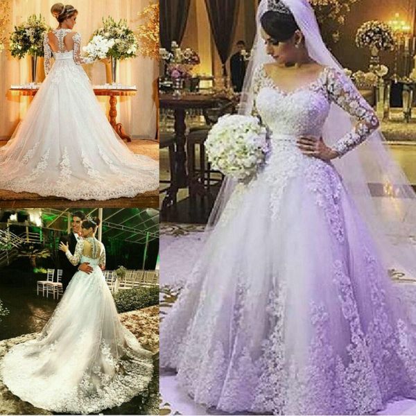 charming lace long sleeve a line wedding dresses lace applique sheer back covered buttons bridal gowns tulle sweep train wedding vestidos, White
charming lace long sleeve a line wedding dresses lace applique sheer back covered buttons bridal gowns tulle sweep train wedding vestidos, White