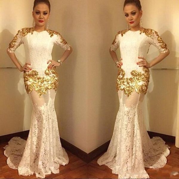 vintage gold lace mermaid evening dresses half long sleeves see through skirt sweep train prom party gowns for arabic women, Black
vintage gold lace mermaid evening dresses half long sleeves see through skirt sweep train prom party gowns for arabic women, Black
