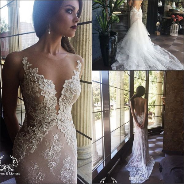 berta 2018 mermaid wedding dresses pearls sheer neck lace applique backless bridal gowns with detachable train vintage wedding dress, White
berta 2018 mermaid wedding dresses pearls sheer neck lace applique backless bridal gowns with detachable train vintage wedding dress, White