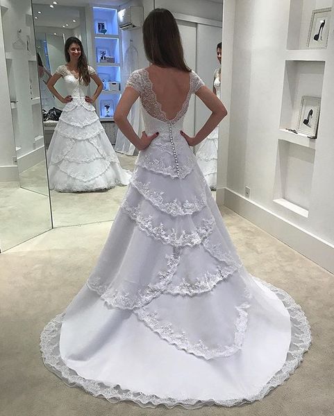 cap sleeve backless modern country wedding dresses v neck lace appliques wedding gowns tiers skirt bride dresses vestido casamento, White
cap sleeve backless modern country wedding dresses v neck lace appliques wedding gowns tiers skirt bride dresses vestido casamento, White