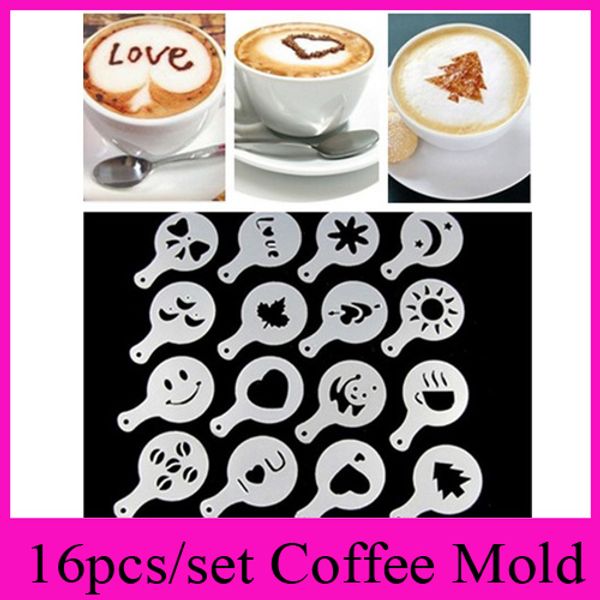 

16pcs/set coffee machine coffee tool mold coffee art barista stencils template strew pad duster spray print mold coffee health tools