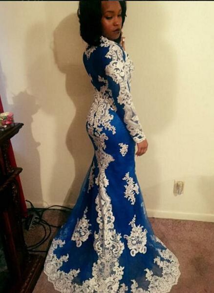formal 216 mermaid royal blue evening dresses with white lace appliques sweep train long sleeves arfic dubai prom gowns, Black;red
formal 216 mermaid royal blue evening dresses with white lace appliques sweep train long sleeves arfic dubai prom gowns, Black;red