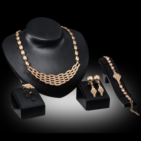 rings necklaces bracelets earrings jewelry sets fashion luxury rhinestone 18k gold plated alloy wedding jewelry 4-piece set wholesale js050, Slivery;golden