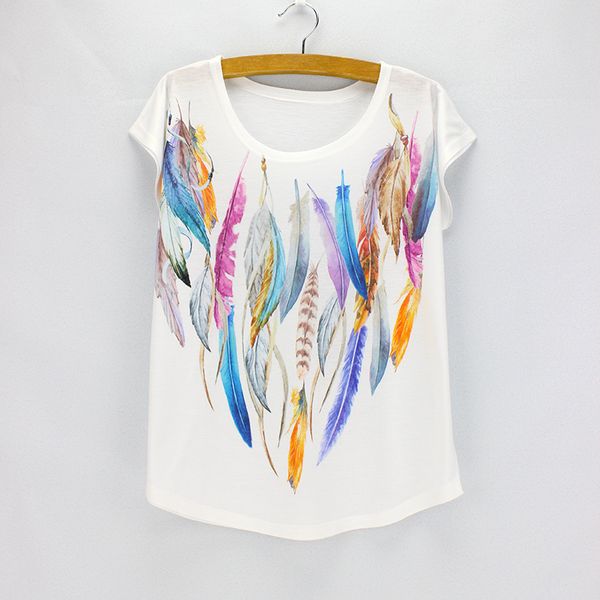 women's t-shirt wholesale-fashion colorful feather printing shirt women american european design girls tees wholesale, White
women's t-shirt wholesale-fashion colorful feather printing shirt women american european design girls tees wholesale, White