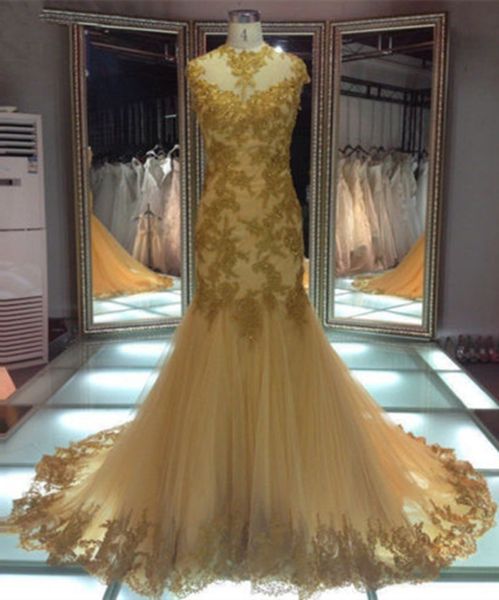 mermaid gold wedding dresses backless cap sleeve jewek neck appliques lace tulle bridal gowns custom made, White
mermaid gold wedding dresses backless cap sleeve jewek neck appliques lace tulle bridal gowns custom made, White