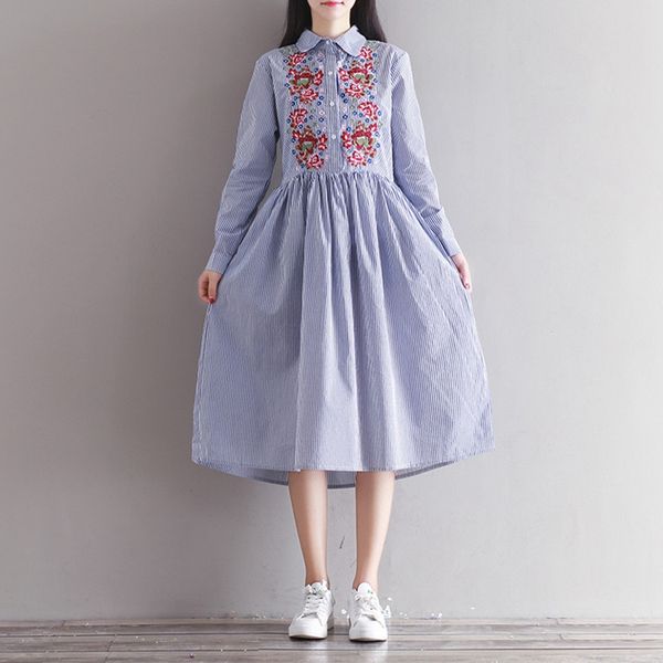 wholesale- spring dress striped print cotton linen shirt dress casual long sleeve embroidery vintage dress plus size women clothing, White;black
wholesale- spring dress striped print cotton linen shirt dress casual long sleeve embroidery vintage dress plus size women clothing, White;black