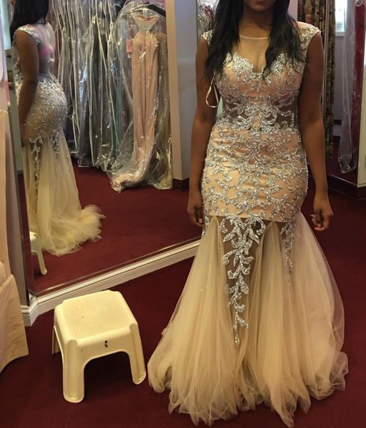 sheer back mermaid dresses evening wear floor length beaded lace appliques ruched tulle prom gowns beige shimmering formal party dress, Black
sheer back mermaid dresses evening wear floor length beaded lace appliques ruched tulle prom gowns beige shimmering formal party dress, Black