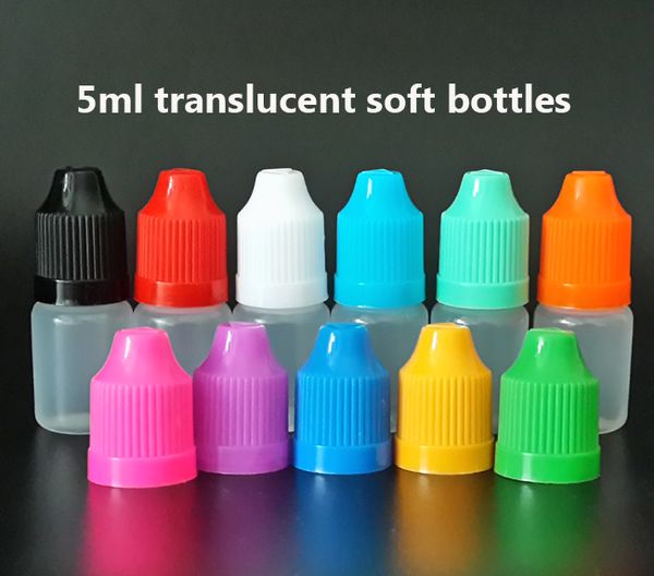 

5 мл полупрозрачная пластиковая бутылка капельницы с защитой от детей крышкой и длинным тонким наконечником, 5 мл LDPE пустые бутылки для жидкости E cig 100 шт. / лот