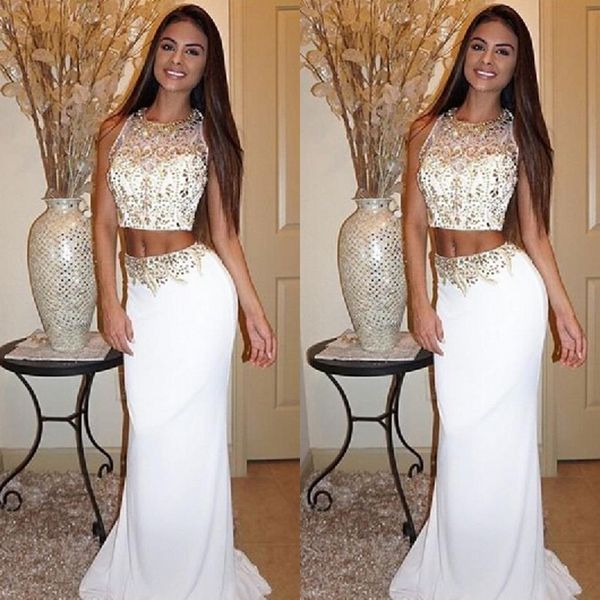 popular two pieces dress white prom gowns luxury crystals beaded crop sheer neck sleeveless fitted long formal evening party wear, Black
popular two pieces dress white prom gowns luxury crystals beaded crop sheer neck sleeveless fitted long formal evening party wear, Black