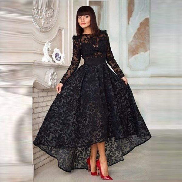 2019 Demure Black Lace Evening Dress Scoop Neckline High Low A-line Pleat Ruffles See Through Lace Long Sleeve Evening Dress Robe de soiree
2019 Demure Black Lace Evening Dress Scoop Neckline High Low A-line Pleat Ruffles See Through Lace Long Sleeve Evening Dress Robe de soiree