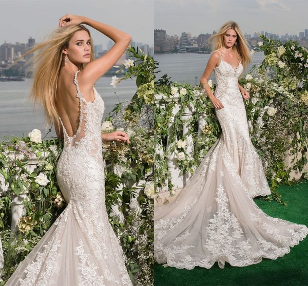 

2017 lace mermaid wedding dresses bridal gowns beaded v neck spaghetti straps backless chapel train vestidos de novia, White