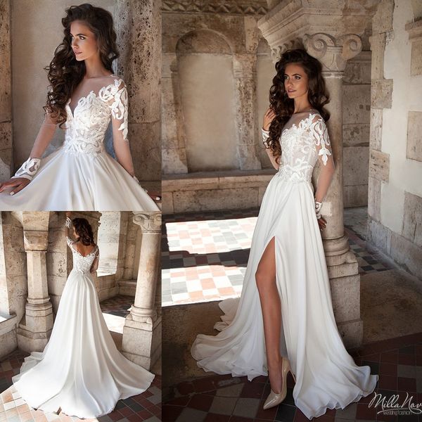 vintage 2018 lace wedding dresses sheer neck long sleeve side split wedding gowns sweep train milla nova long chiffon bridal dress, White
vintage 2018 lace wedding dresses sheer neck long sleeve side split wedding gowns sweep train milla nova long chiffon bridal dress, White