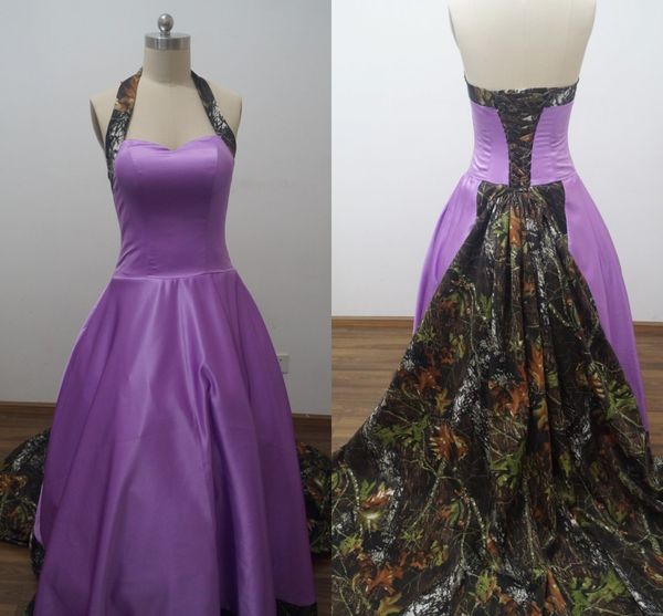 2018 real picture purple camo wedding dresses custom made a line sweep train halter back corset plus size bridal gowns vestidos de novia, White
2018 real picture purple camo wedding dresses custom made a line sweep train halter back corset plus size bridal gowns vestidos de novia, White