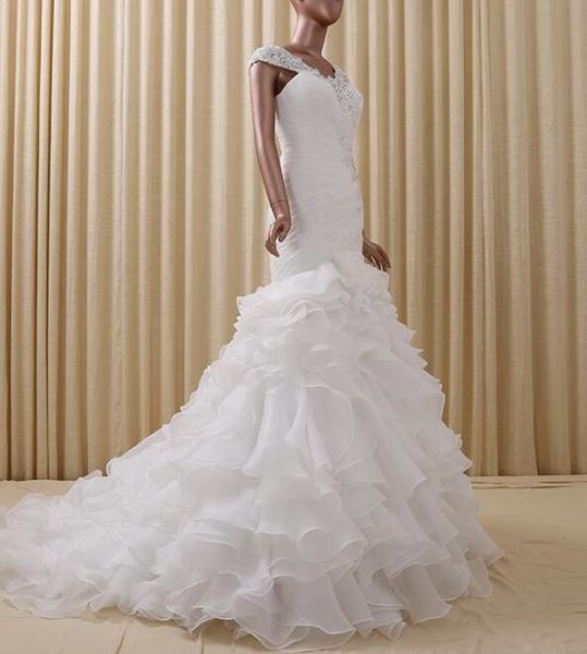 design ruffles mermaid wedding dress beaded cap sleeve pleated ruffles organza romantic bridal gowns custom size, White
design ruffles mermaid wedding dress beaded cap sleeve pleated ruffles organza romantic bridal gowns custom size, White