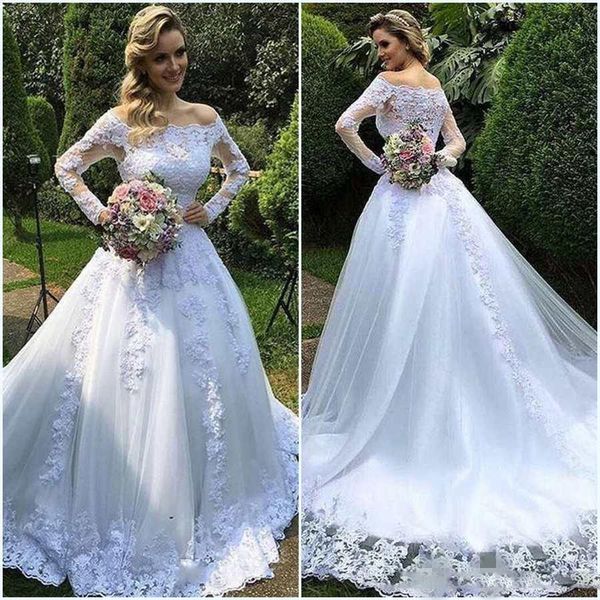 off shoulder country wedding dresses 2017 illusion lace long sleeves a line bridal gowns tulle covered sweep train wedding vestidos, White 
off shoulder country wedding dresses 2017 illusion lace long sleeves a line bridal gowns tulle covered sweep train wedding vestidos, White