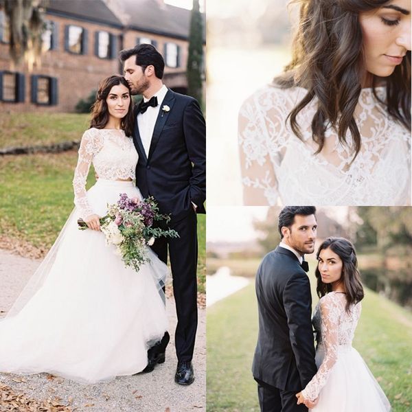 boho beach lace two pieces wedding dresses 2020 high neck a line tulle with illusion long sleeves sweep train sheer bridal gowns