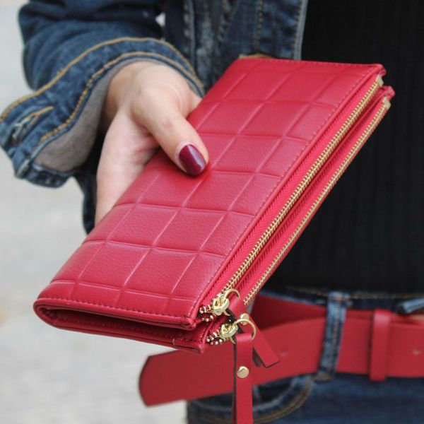 wholesale- texu stereoscopic square women wallets embossed wallet pu leather female clutch double zipper purses carteira feminia, Red;black