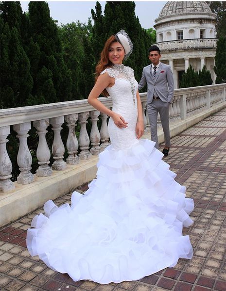 2019 new stunning high neck wedding dress cap sleeve crystals beaded lace ruffles organza mermaid bridal gowns custom size, White
2019 new stunning high neck wedding dress cap sleeve crystals beaded lace ruffles organza mermaid bridal gowns custom size, White