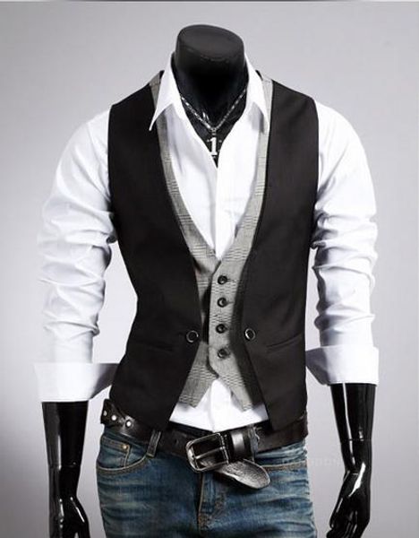 two piece vest men 2017 casual fake two piece design double breasted v neck sleeveless matching color fashion man dress vest, Black;white
two piece vest men 2017 casual fake two piece design double breasted v neck sleeveless matching color fashion man dress vest, Black;white